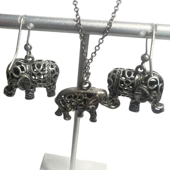 Boho Elephant Jewelry SSet Silver-Tone Filigree Necklace and Dangle Earrings - Picture 6 of 7